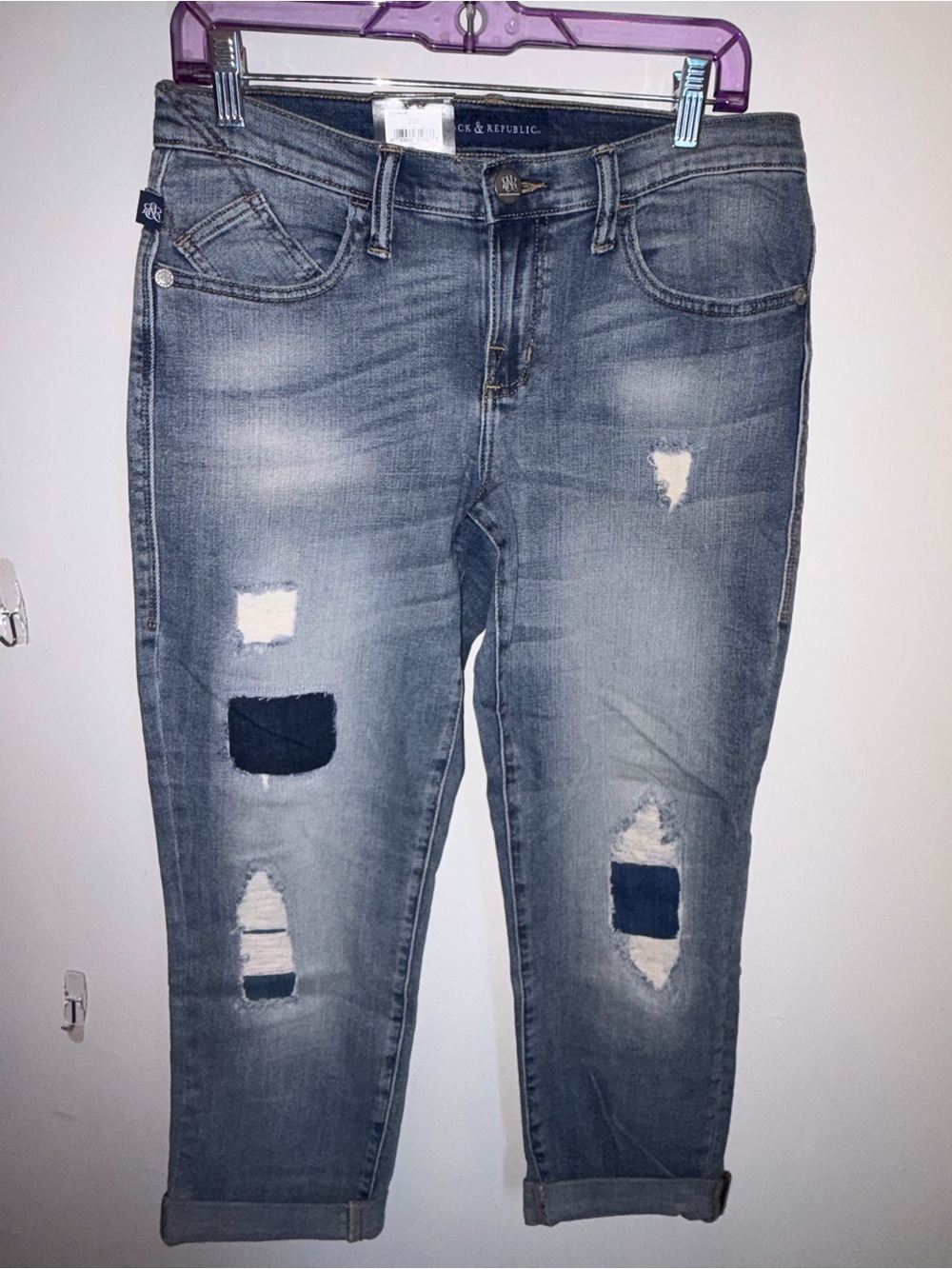 Rock & Republic Women's Light Blue Distressed Patchwork Boyfriend Jeans